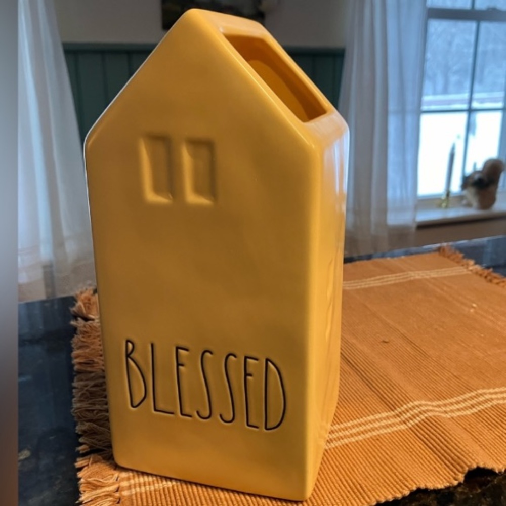 Rae Dunn Buttery Yellow Blessed Home Vase 9”x4.25”x3.75” NWT